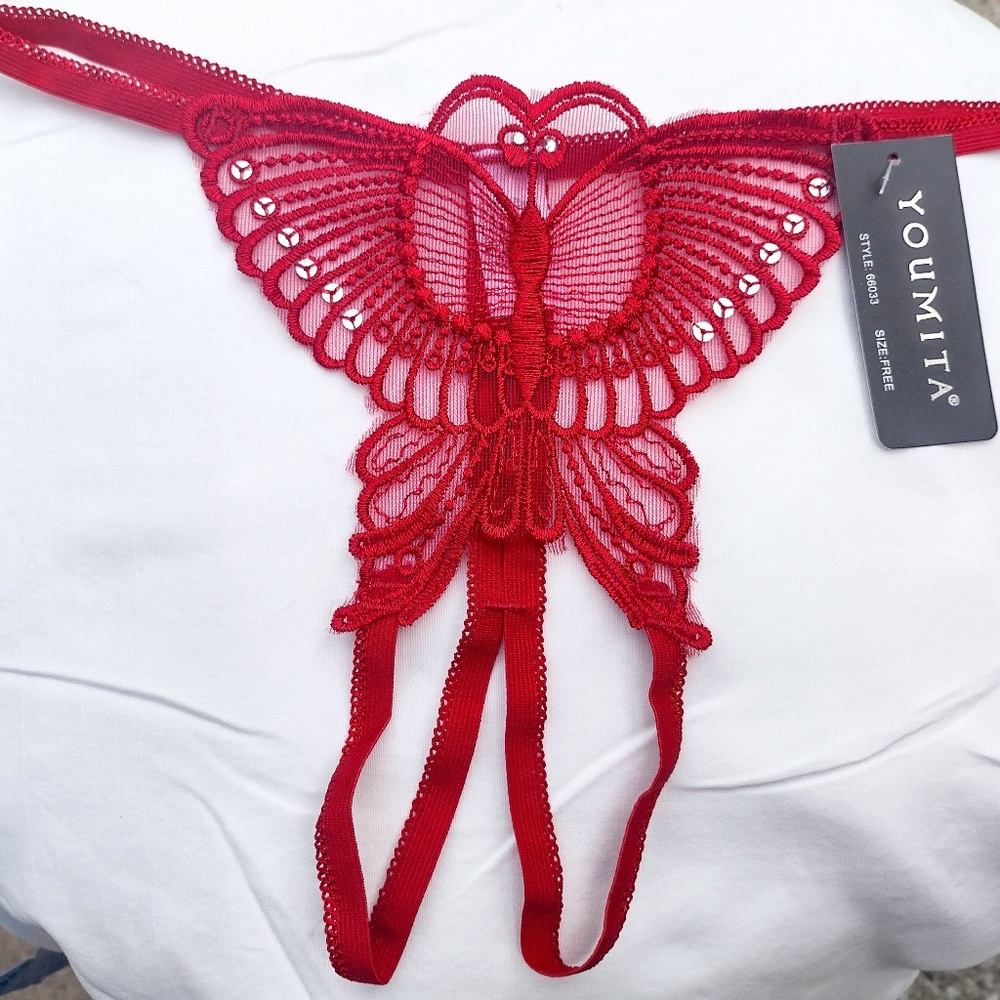 NWT Red Sequined Butterfly Crotchless Panties by Youmita / Free Size